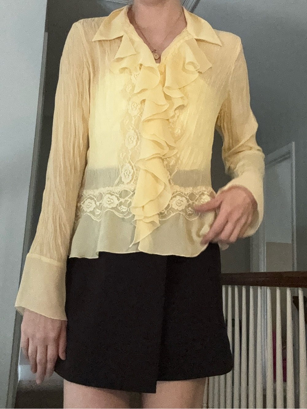 Vintage Y2K Ruffle and Lace Sheer Lemonade Yellow Blouse - Picture 9 of 9